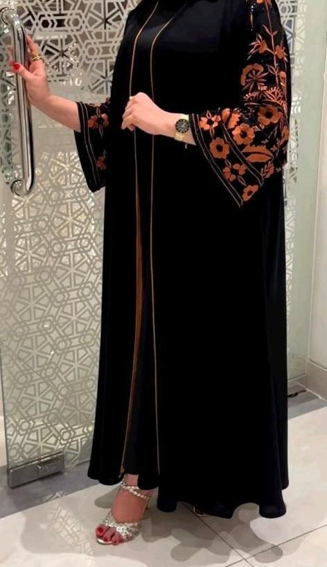 Sleeve Embroidery Abaya black Nida fabric